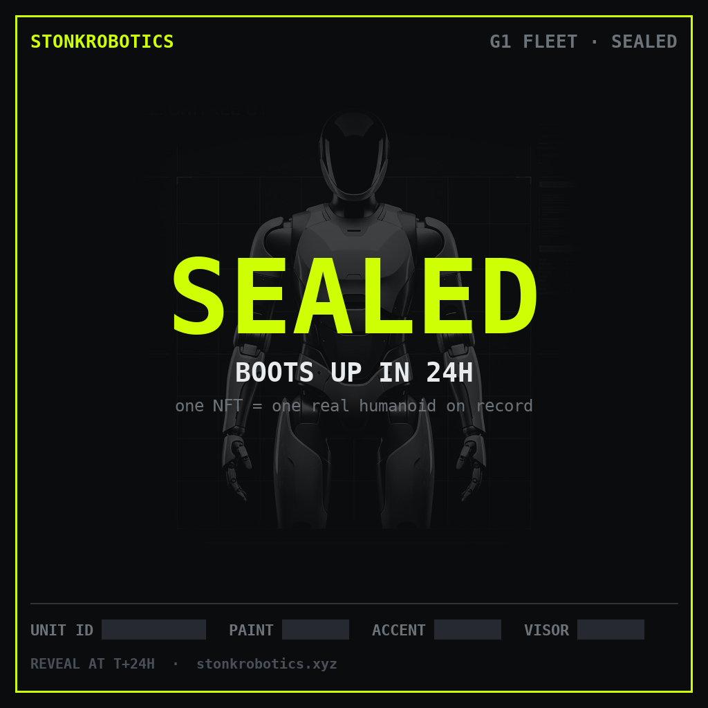 Sealed humanoid unit — one NFT, one robot on record